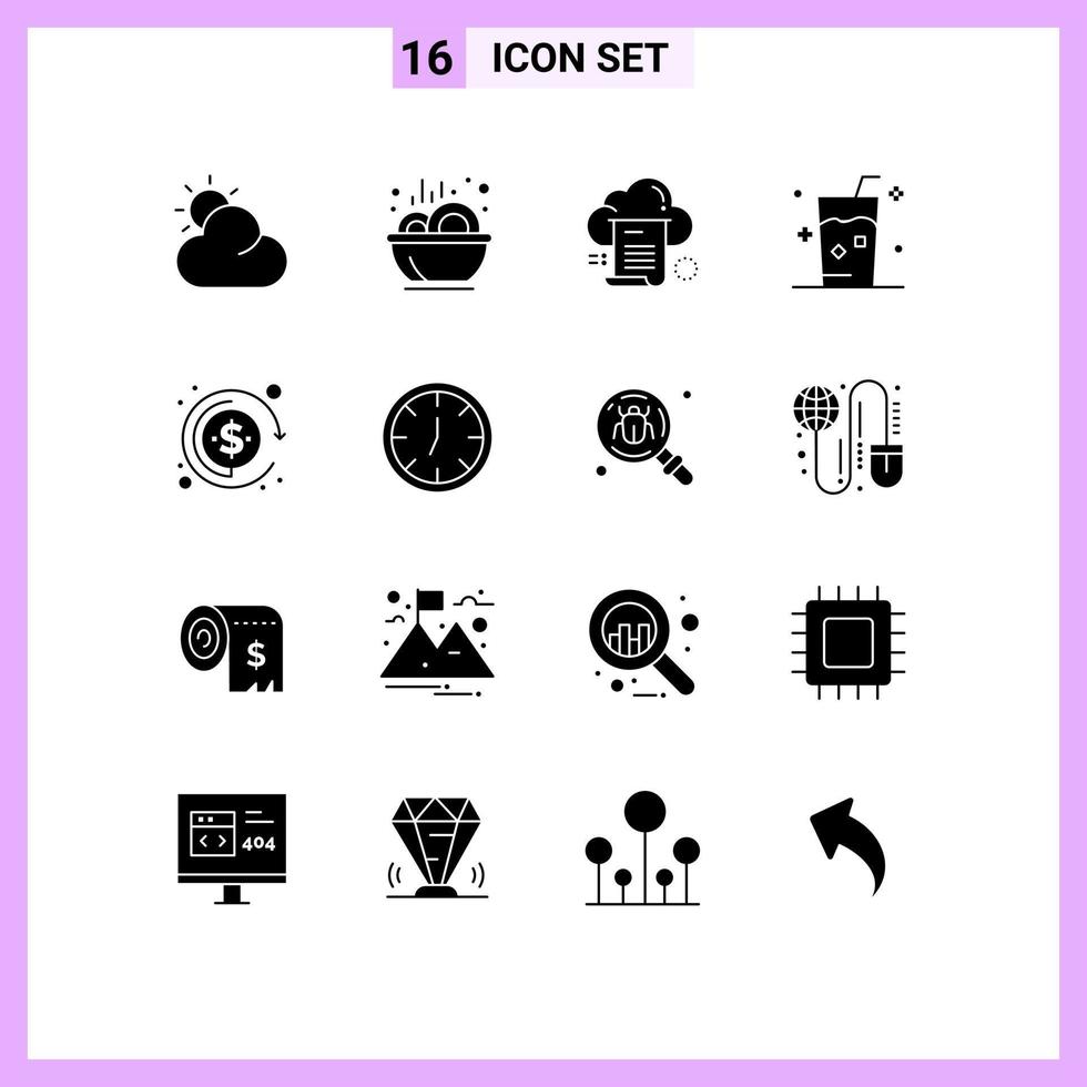 16 Thematic Vector Solid Glyphs and Editable Symbols of investment summer document juice fresh Editable Vector Design Elements