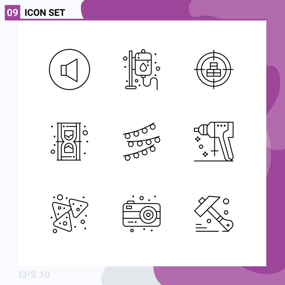 9 User Interface Outline Pack of modern Signs and Symbols of lights time crosshair sand clock Editable Vector Design Elements