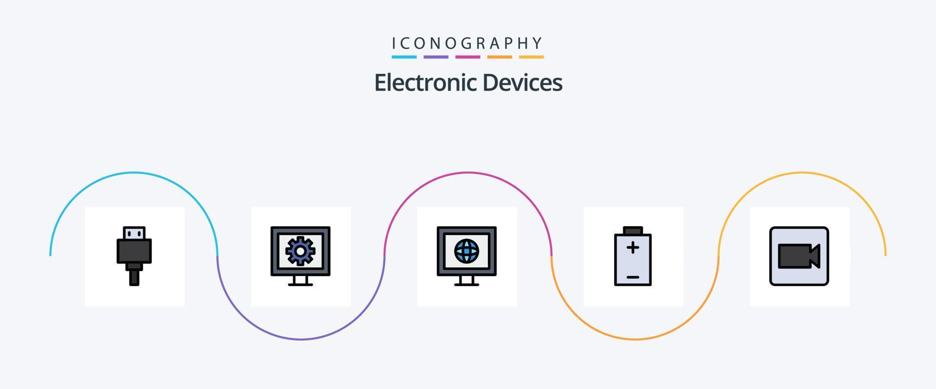 Devices Line Filled Flat 5 Icon Pack Including . record. internet. camera. electric vector