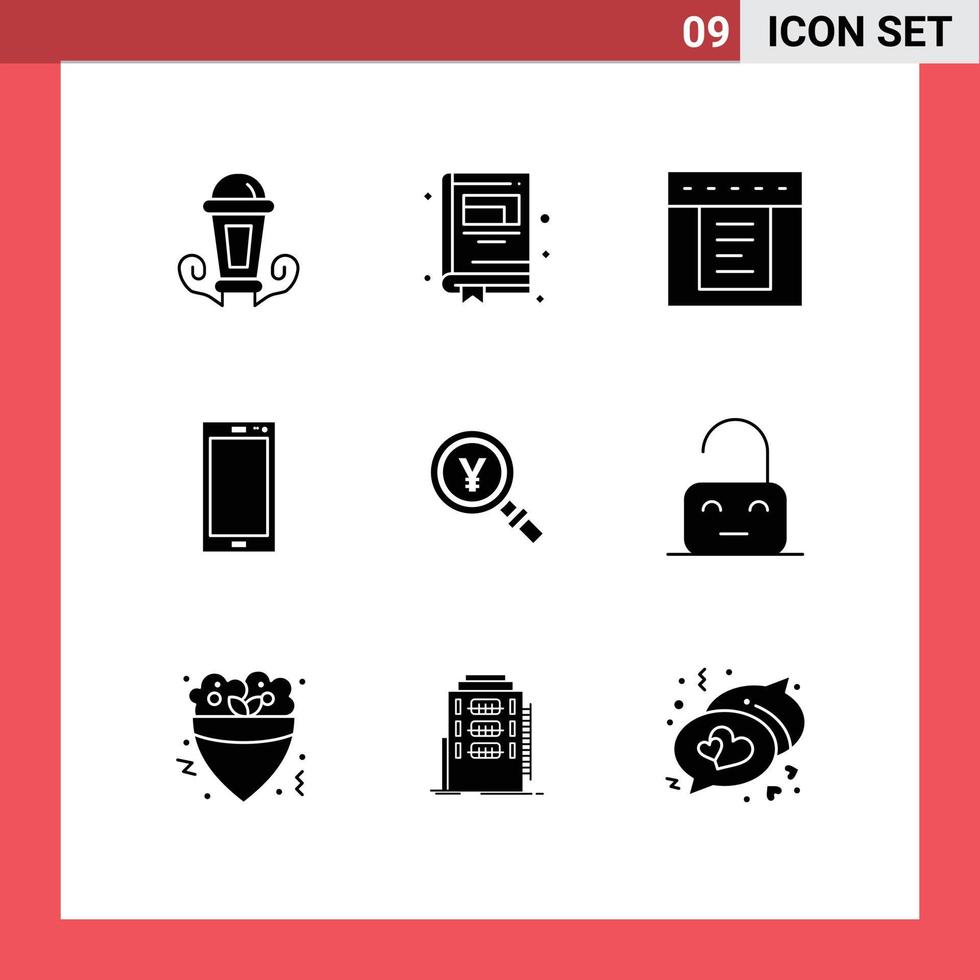 Group of 9 Modern Solid Glyphs Set for japanese yen tabs iphone mobile Editable Vector Design Elements