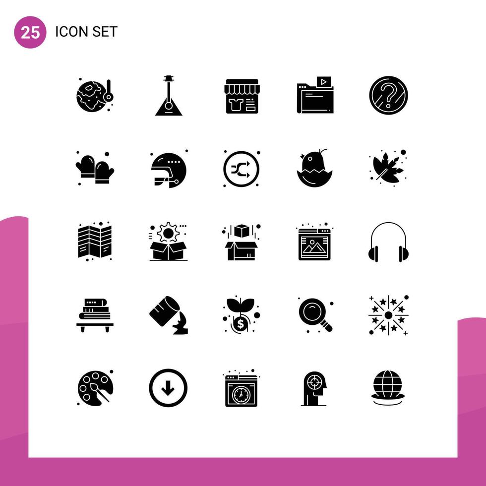 25 Thematic Vector Solid Glyphs and Editable Symbols of media movie music folder shopping Editable Vector Design Elements