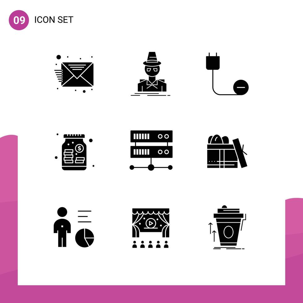 Mobile Interface Solid Glyph Set of 9 Pictograms of data center venture computers money power Editable Vector Design Elements