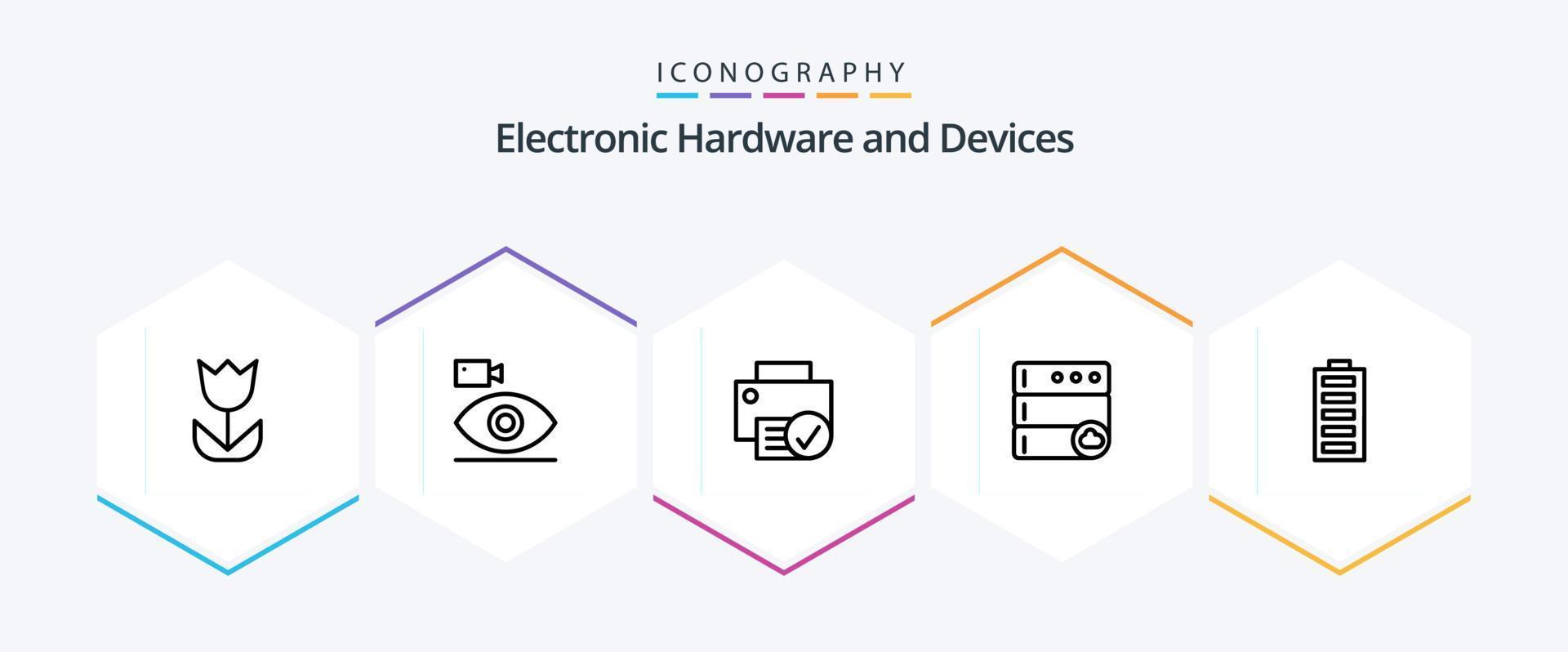 Devices 25 Line icon pack including battery. database. media. cloud. gadget vector