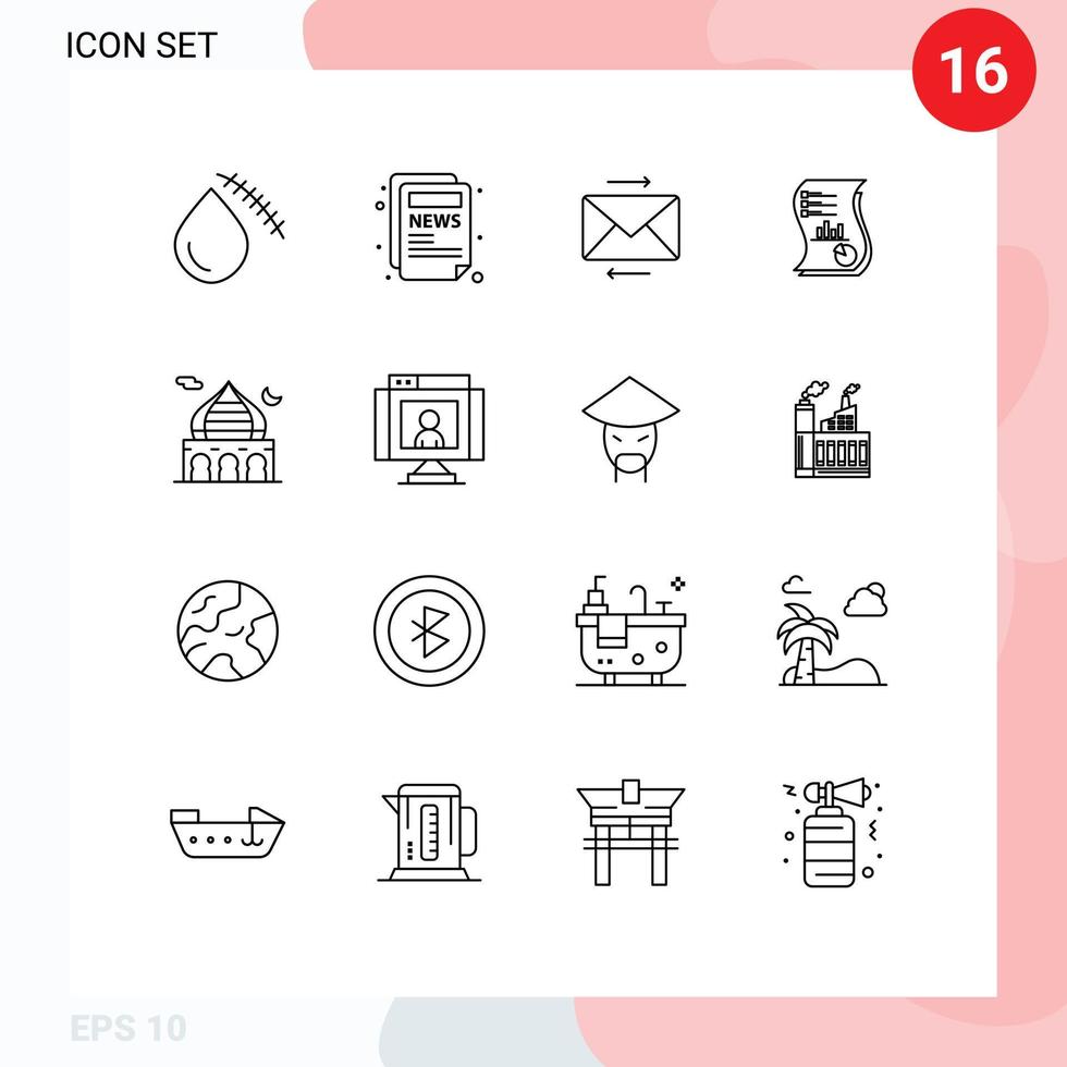 Modern Set of 16 Outlines Pictograph of report marketing message data analytics Editable Vector Design Elements