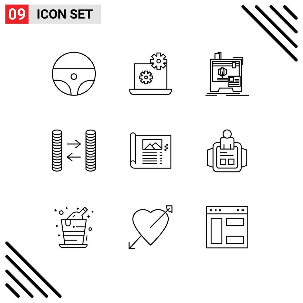 Editable Vector Line Pack of 9 Simple Outlines of photo plan printer paper money Editable Vector Design Elements
