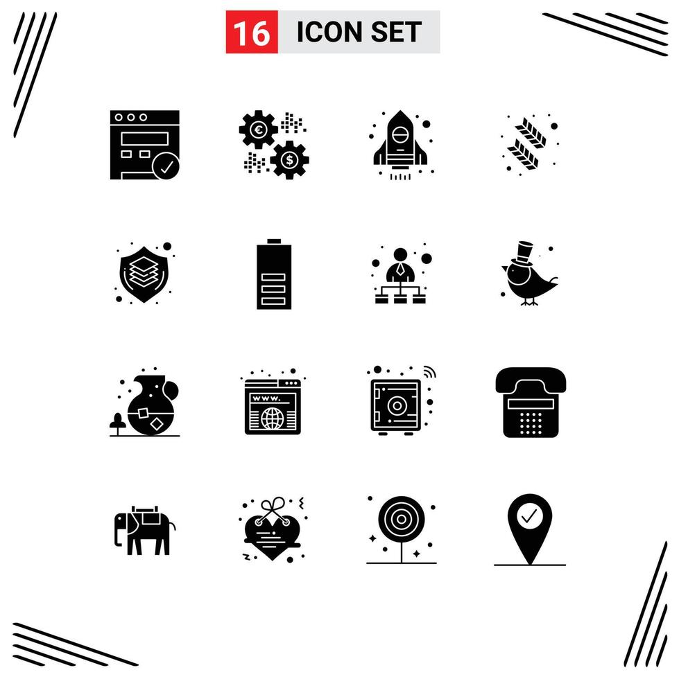 16 User Interface Solid Glyph Pack of modern Signs and Symbols of graphic brain rocket quinn feather calligraphy Editable Vector Design Elements