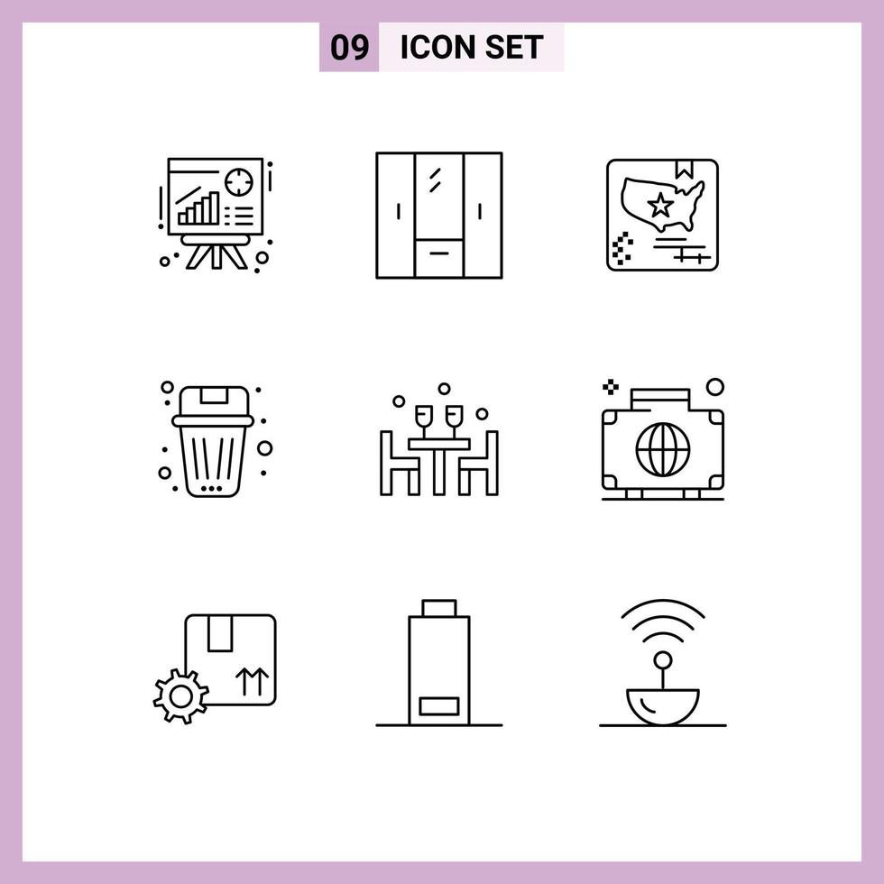 9 User Interface Outline Pack of modern Signs and Symbols of trash delete wardrobe been world Editable Vector Design Elements