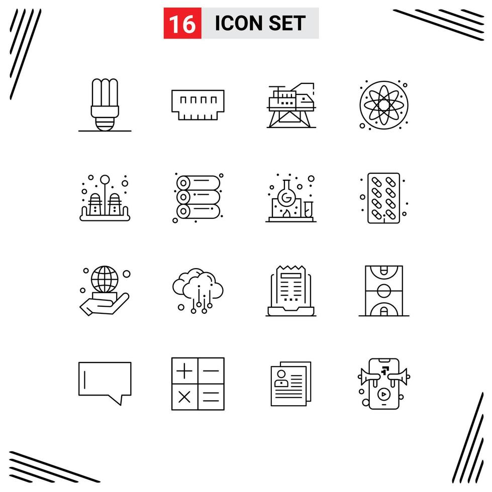 Set of 16 Vector Outlines on Grid for kitchen pepper construction science atom Editable Vector Design Elements