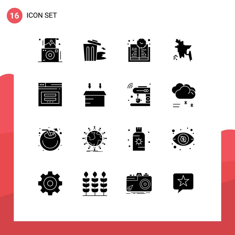 Mobile Interface Solid Glyph Set of 16 Pictograms of website secure book time page bangladesh country Editable Vector Design Elements