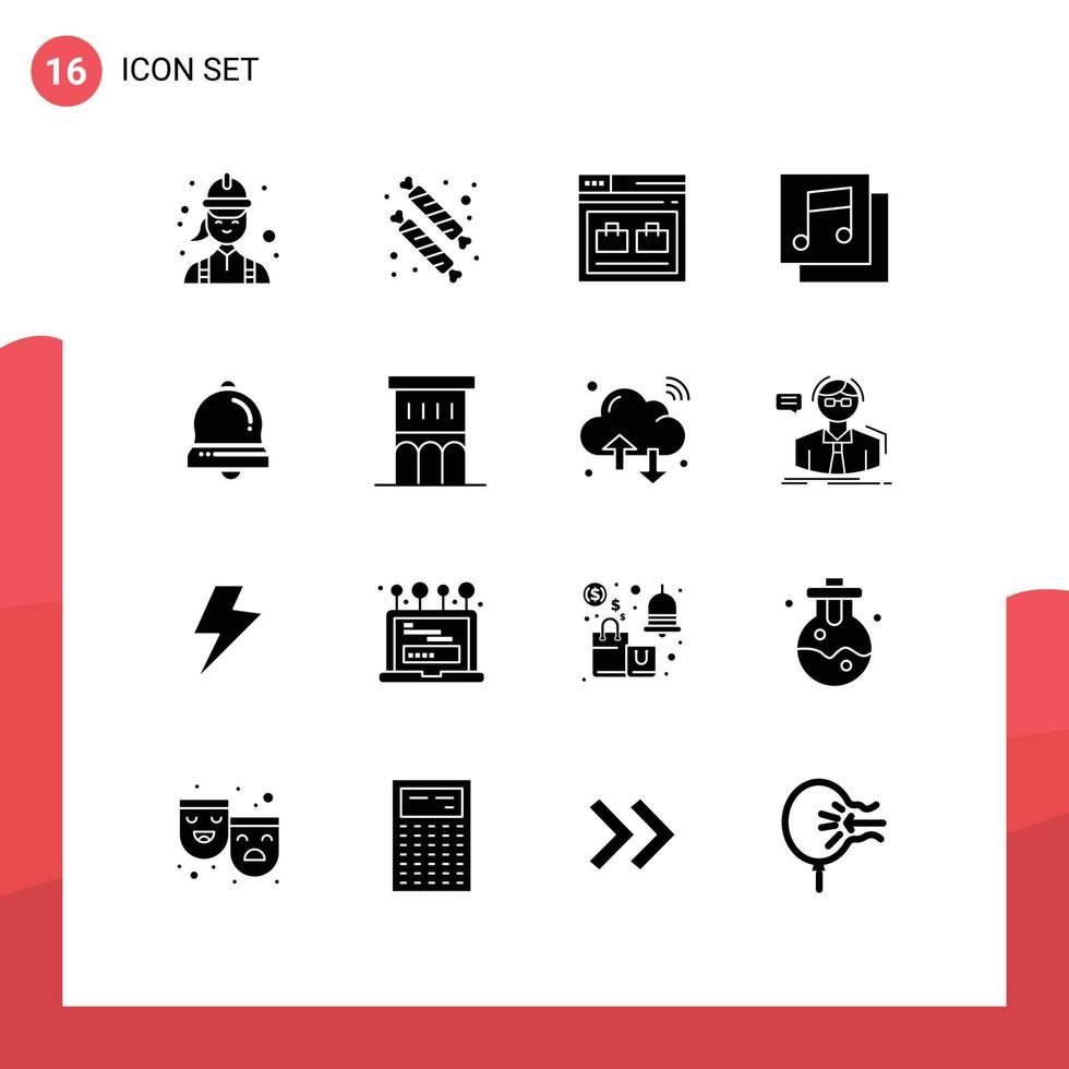 conjunto moderno de 16 glifos y símbolos sólidos, como elementos de diseño de vectores editables del sitio web de álbumes de comida de bell media