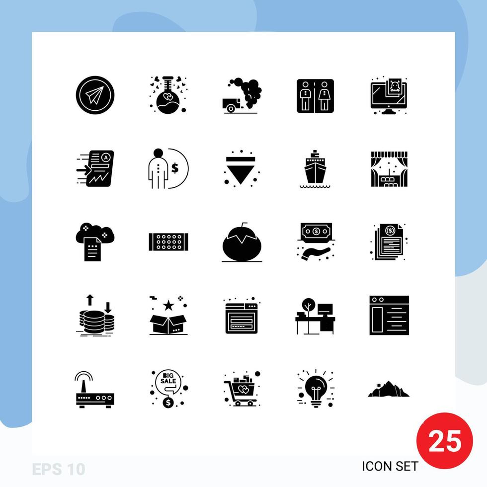 Pack of 25 creative Solid Glyphs of computer machine love elevator pollution Editable Vector Design Elements