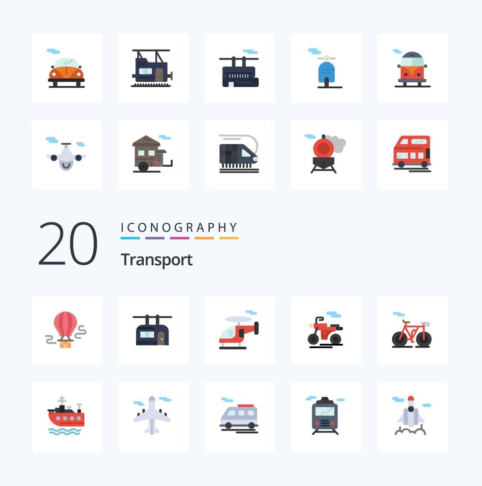 Paquete de iconos de 20 colores planos de transporte como transporte de motor tren helicóptero transporte vector