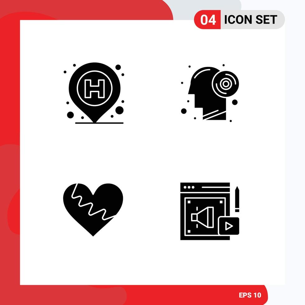 Modern Set of 4 Solid Glyphs Pictograph of hospital love sign thinking favorite Editable Vector Design Elements