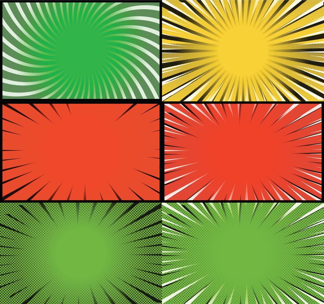 Comic book colorful frames background with halftone rays radial and dotted effects pop art style vector