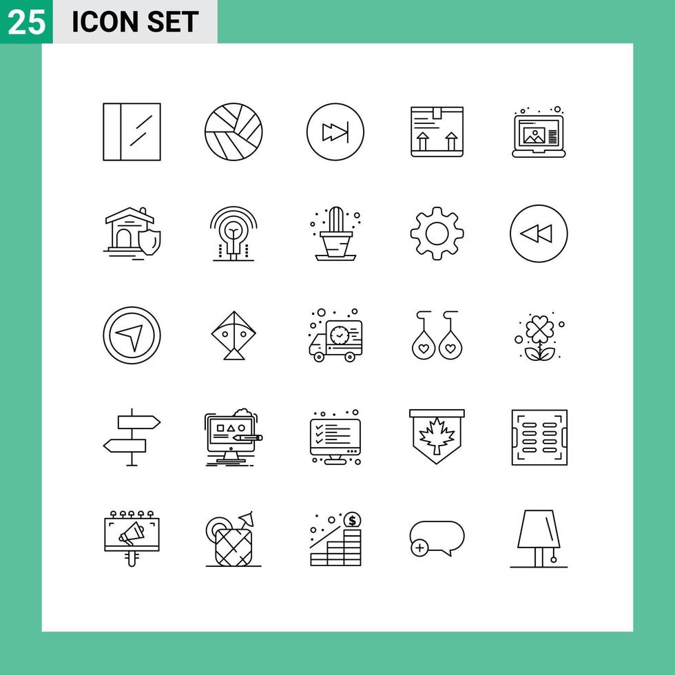 un conjunto moderno de 25 líneas y símbolos, como el multimedia de la computadora portátil de la casa, dibuja elementos de diseño vectorial editables vector