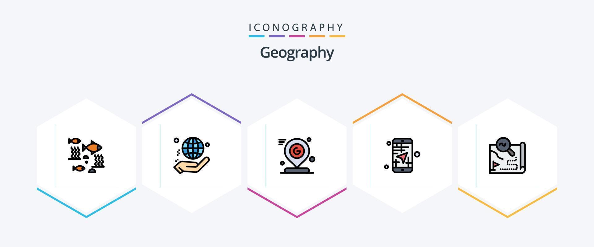 Geo Graphy 25 FilledLine icon pack including map. mobile. world. mark. pin vector