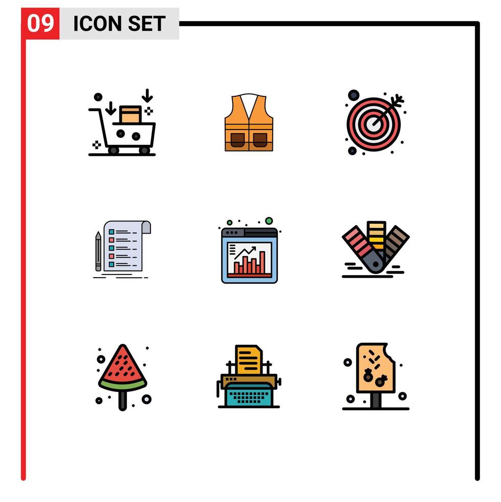 Mobile Interface Filledline Flat Color Set of 9 Pictograms of checklist invoice construction report target Editable Vector Design Elements