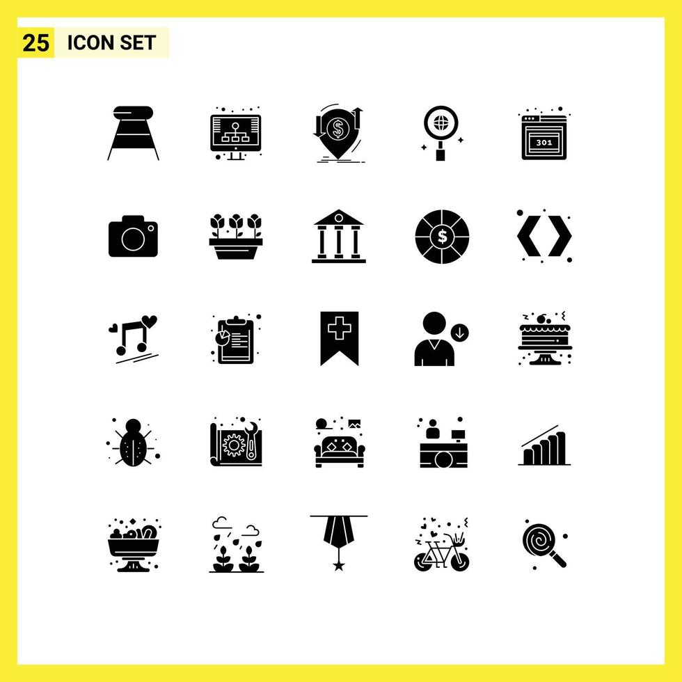 Mobile Interface Solid Glyph Set of 25 Pictograms of error world transaction research transfer Editable Vector Design Elements