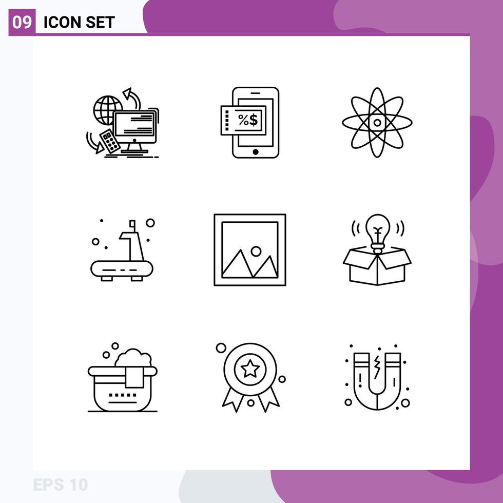 9 Universal Outlines Set for Web and Mobile Applications furniture decor atom treadmill gym Editable Vector Design Elements