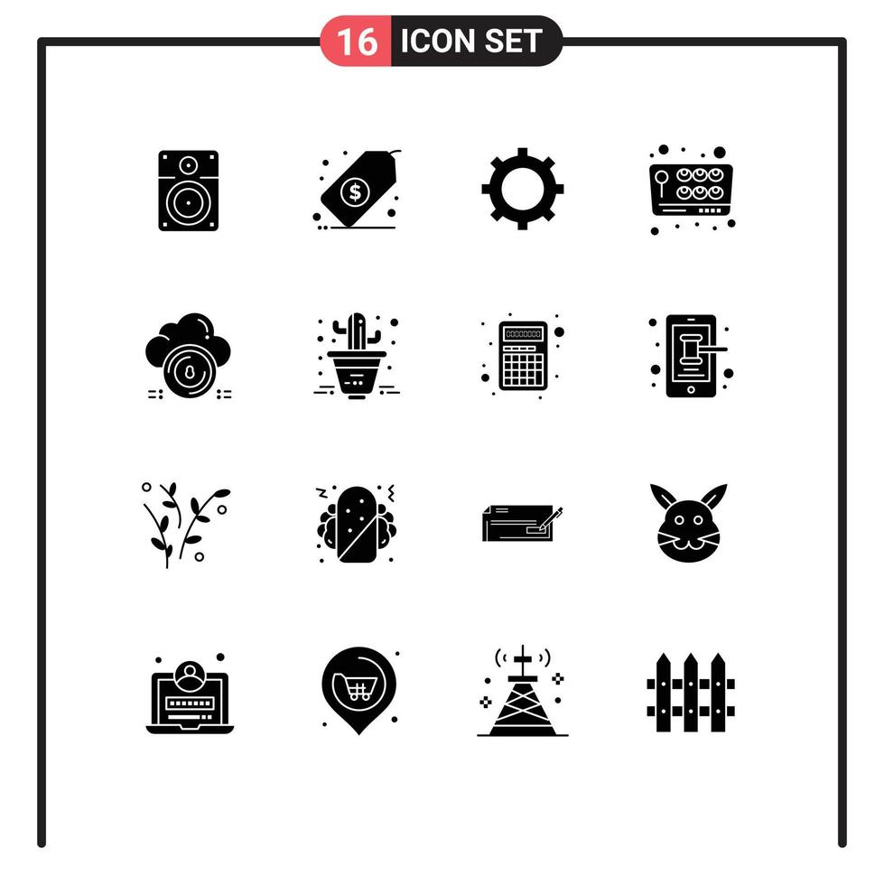 Set of 16 Vector Solid Glyphs on Grid for protect safe cog fun game Editable Vector Design Elements