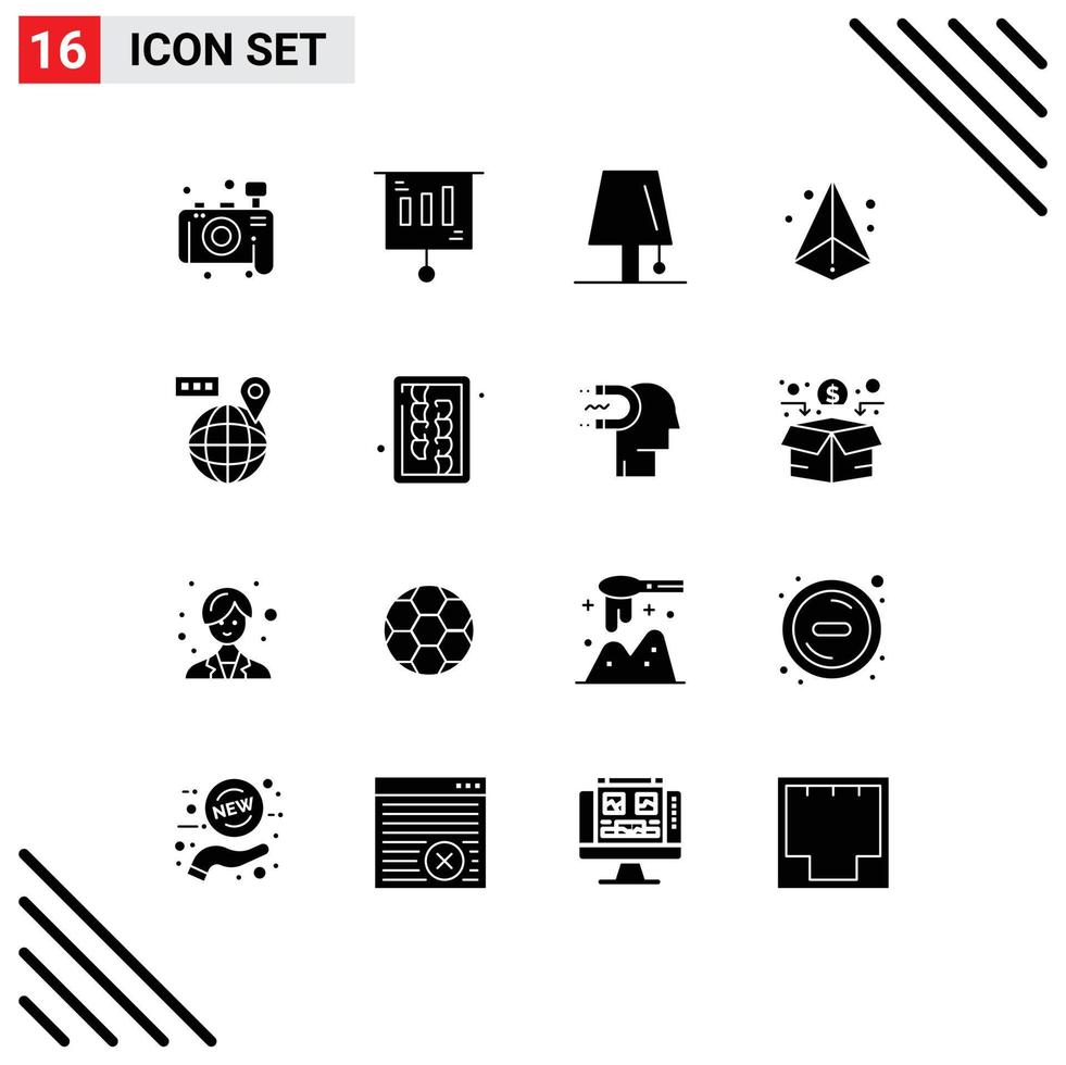 Pack of 16 Modern Solid Glyphs Signs and Symbols for Web Print Media such as map printing interior triangle box Editable Vector Design Elements