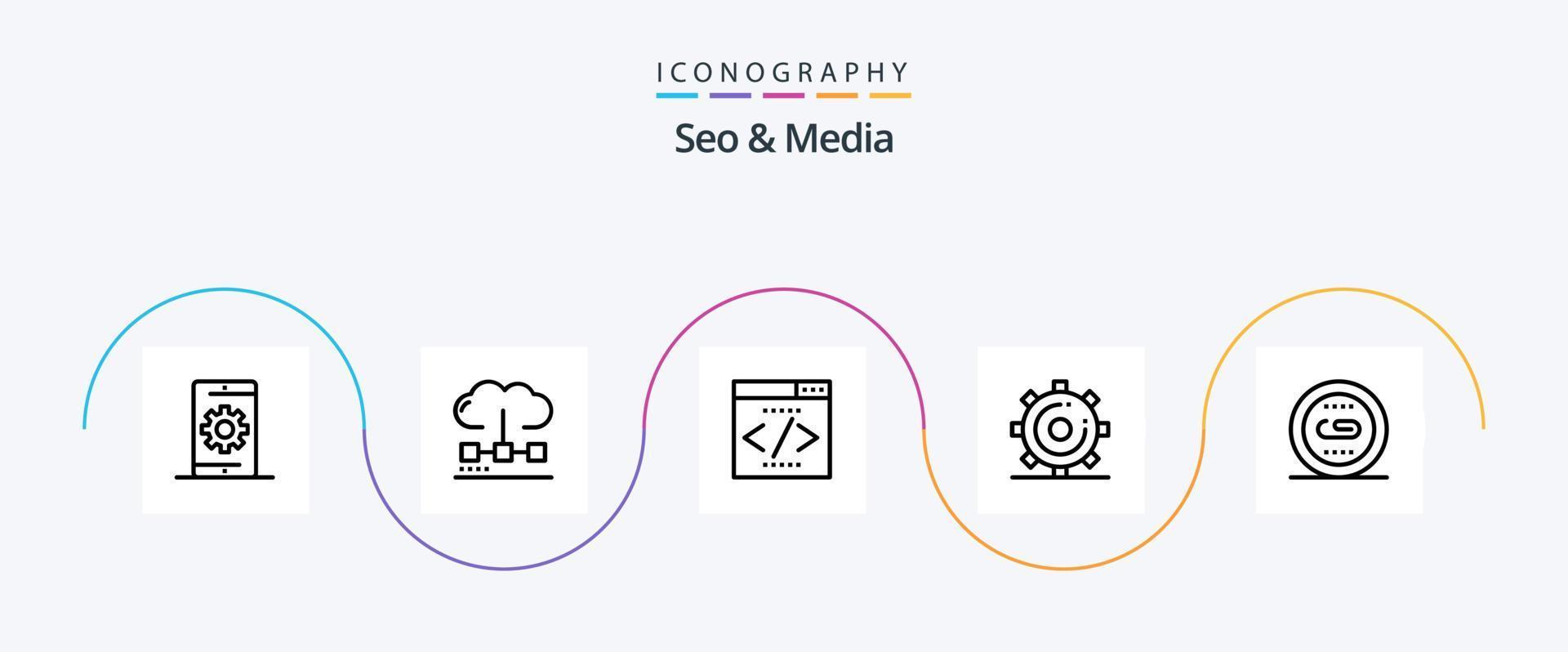 Seo and Media Line 5 Icon Pack Including page. media. media. engine. interface search engine vector