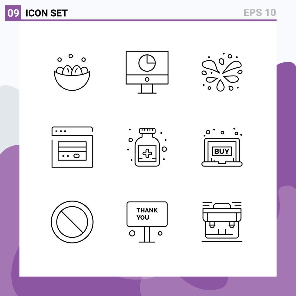 conjunto de 9 iconos de interfaz de usuario modernos símbolos signos para antídoto web dinero tarjeta jardín elementos de diseño vectorial editables vector