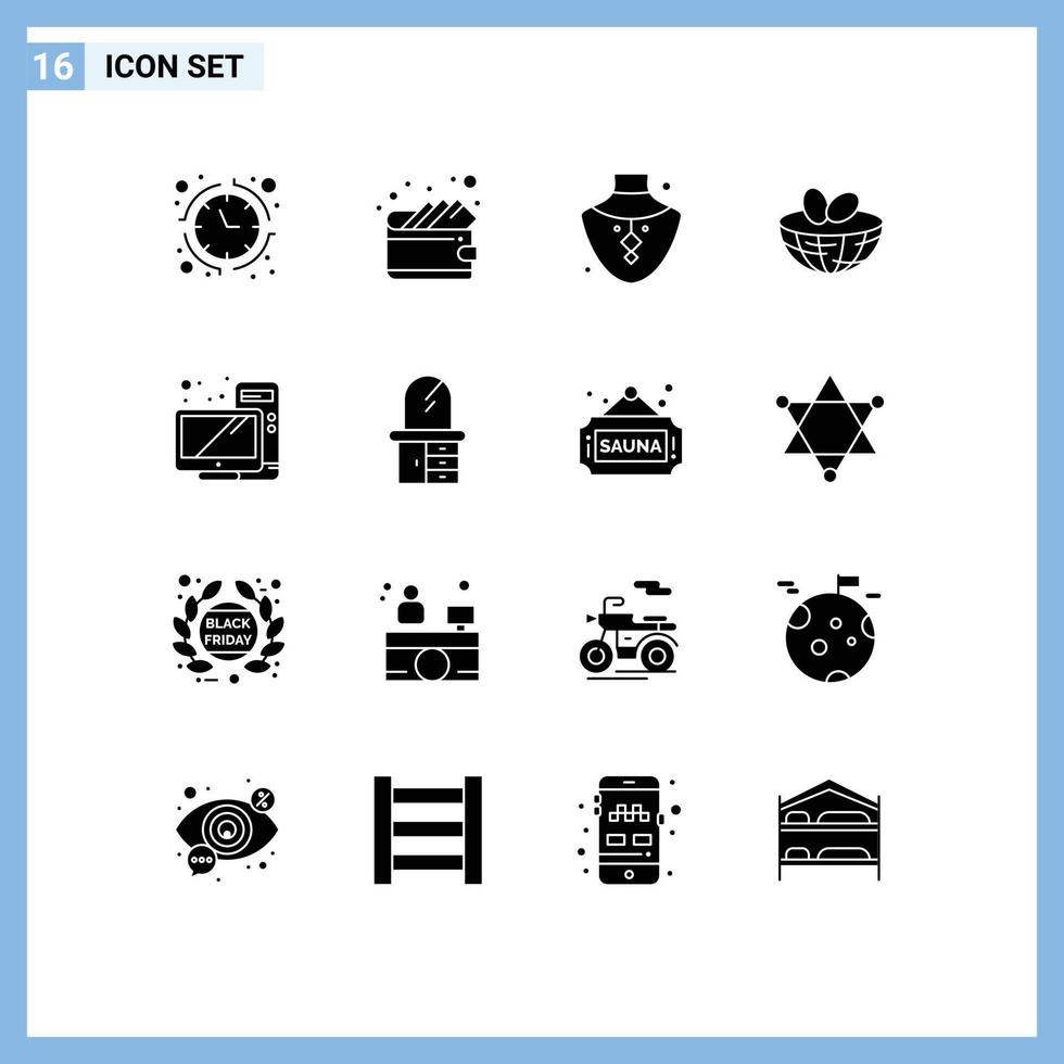 16 User Interface Solid Glyph Pack of modern Signs and Symbols of hardware computer gem spring easter Editable Vector Design Elements