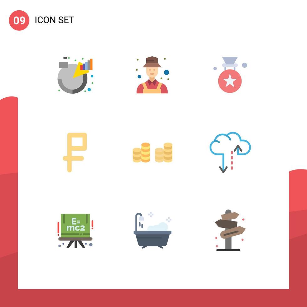 Group of 9 Flat Colors Signs and Symbols for coins rubble detect money price Editable Vector Design Elements
