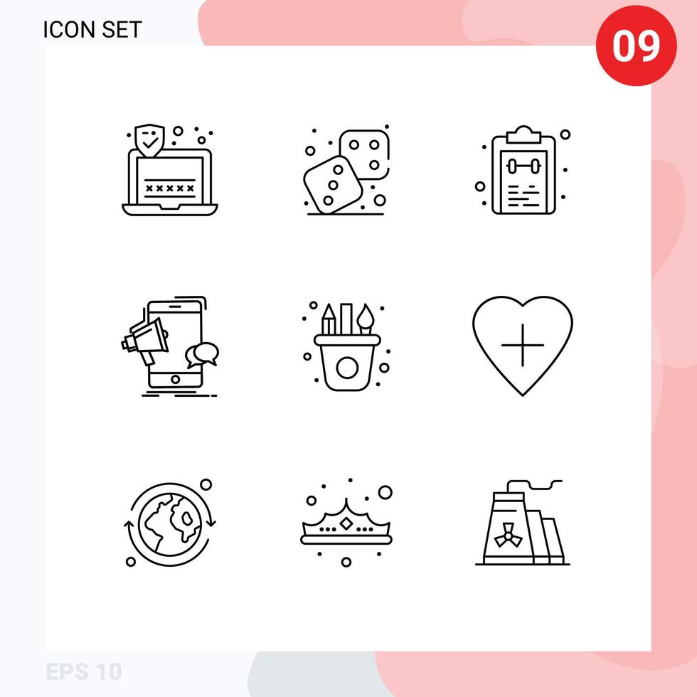 Pack of 9 Modern Outlines Signs and Symbols for Web Print Media such as art megaphone list mobile bullhorn Editable Vector Design Elements