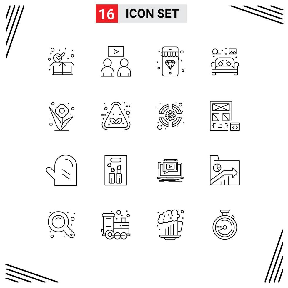 Set of 16 Modern UI Icons Symbols Signs for rose flower diamond sofa home Editable Vector Design Elements