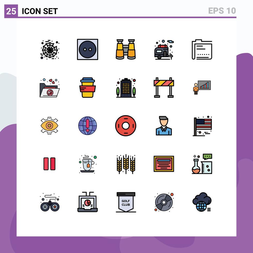 paquete de 25 modernos signos y símbolos de colores planos de línea rellena para medios de impresión web, como contenido de búsqueda de datos de archivos, elementos de diseño de vectores editables para autocaravanas