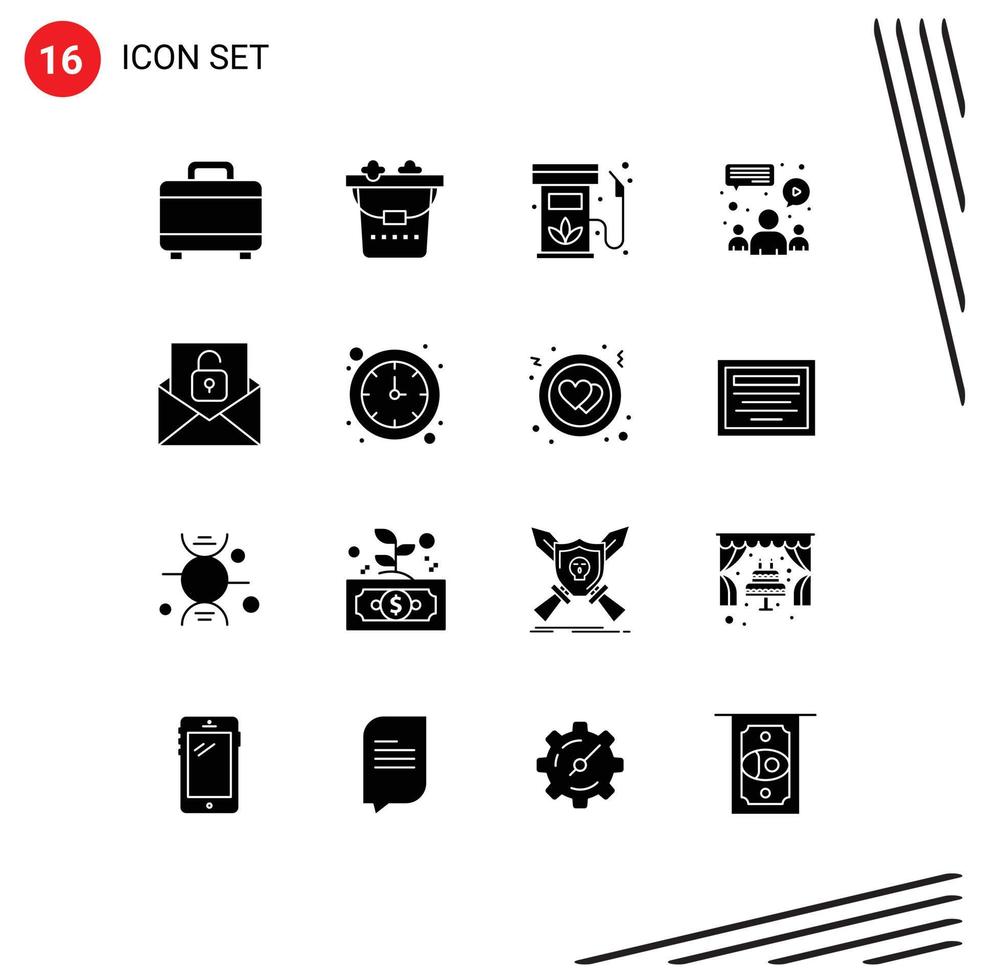 16 User Interface Solid Glyph Pack of modern Signs and Symbols of envelope communication ecology team group Editable Vector Design Elements