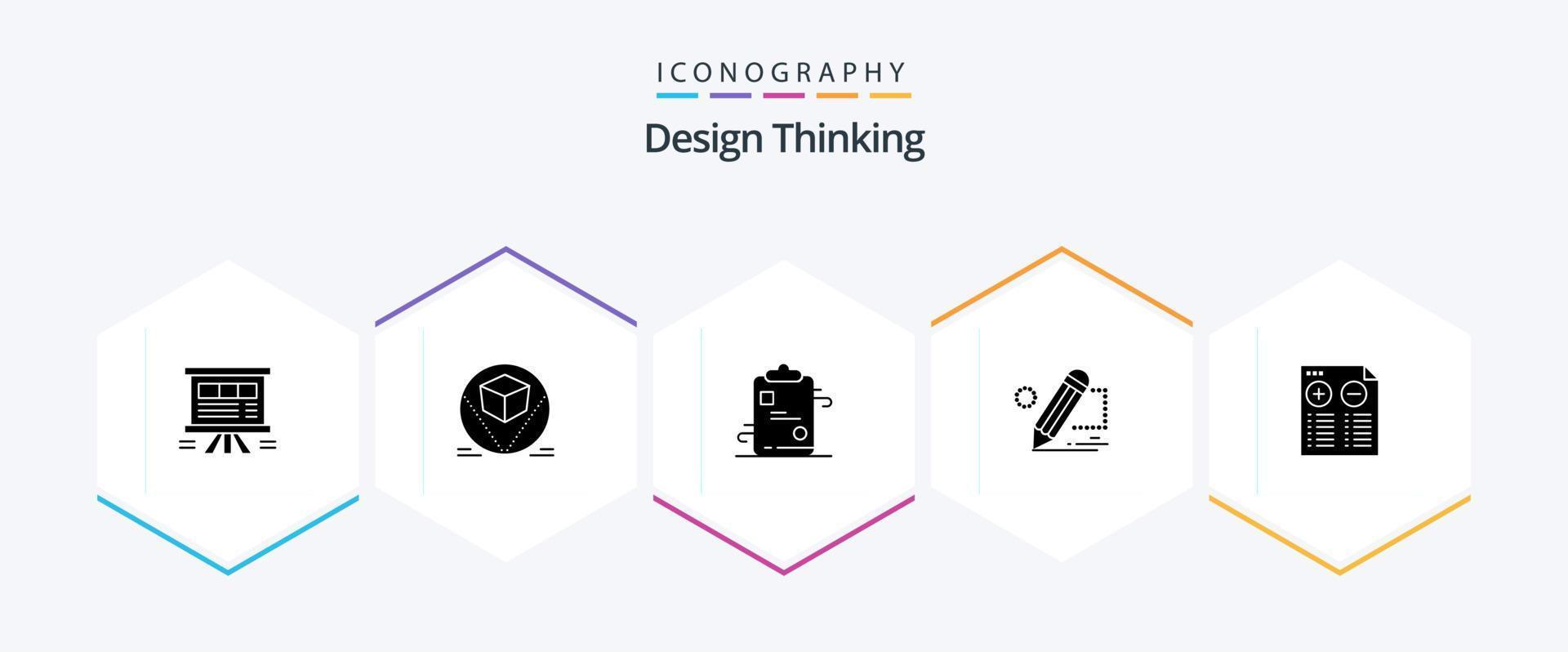 Design Thinking paquete de iconos de 25 glifos que incluye tableta. dibujo entregar. lápiz. papel vector