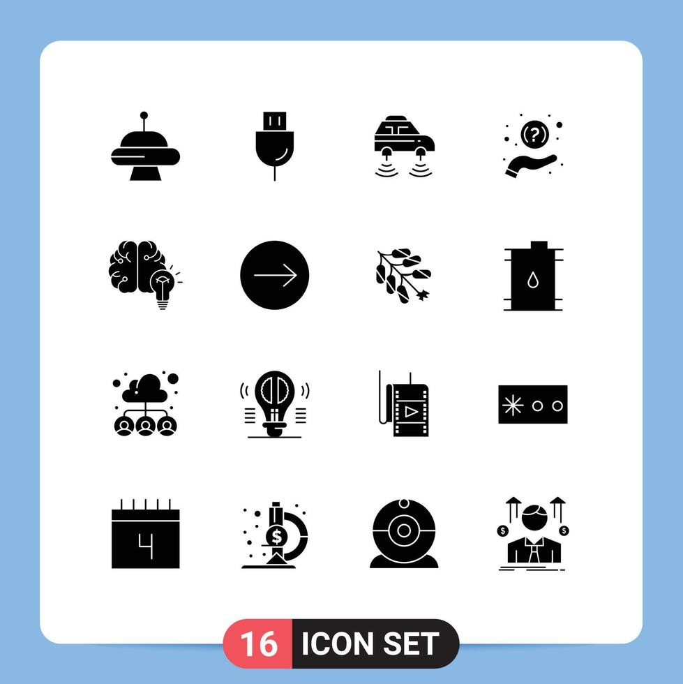 Mobile Interface Solid Glyph Set of 16 Pictograms of idea question car help wifi Editable Vector Design Elements