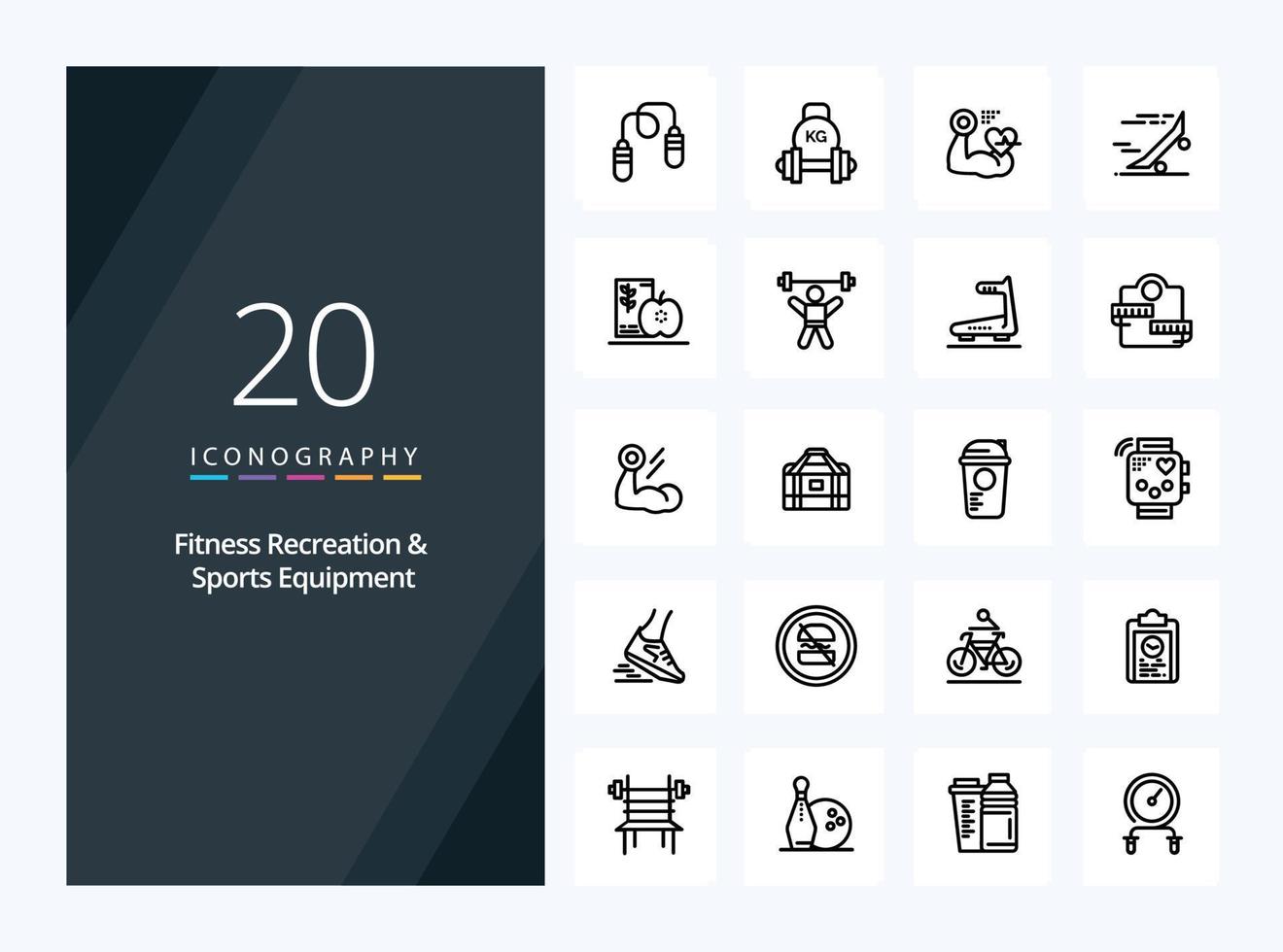 20 icono de esquema de equipo de recreación y deportes de fitness para presentación vector