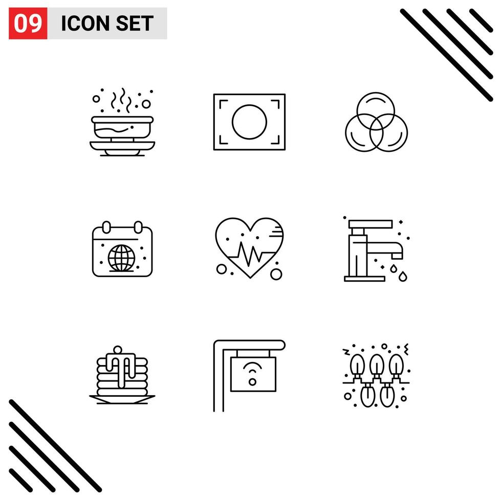 User Interface Pack of 9 Basic Outlines of heart world rgb globe day Editable Vector Design Elements