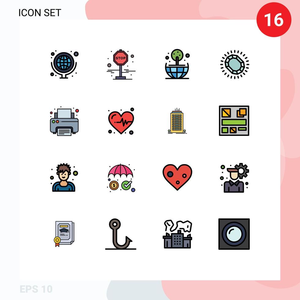 16 Universal Flat Color Filled Lines Set for Web and Mobile Applications printer fax globe luxury jewelry Editable Creative Vector Design Elements