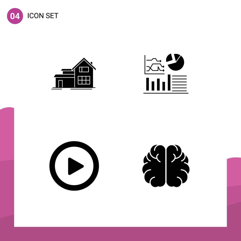 Mobile Interface Solid Glyph Set of 4 Pictograms of home play appartment flowchat brain Editable Vector Design Elements