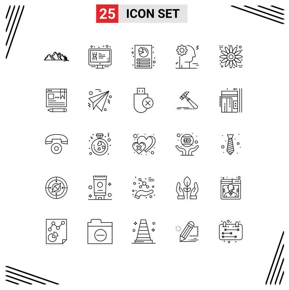 User Interface Pack of 25 Basic Lines of flower gear monitor brain document Editable Vector Design Elements
