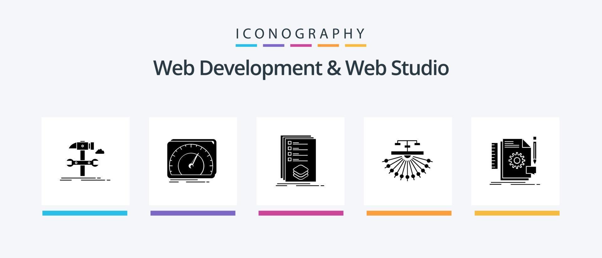 desarrollo web y paquete de iconos de glifo 5 de estudio web que incluye el sitio. mejoramiento. prueba. Marcos. lista. diseño de iconos creativos vector