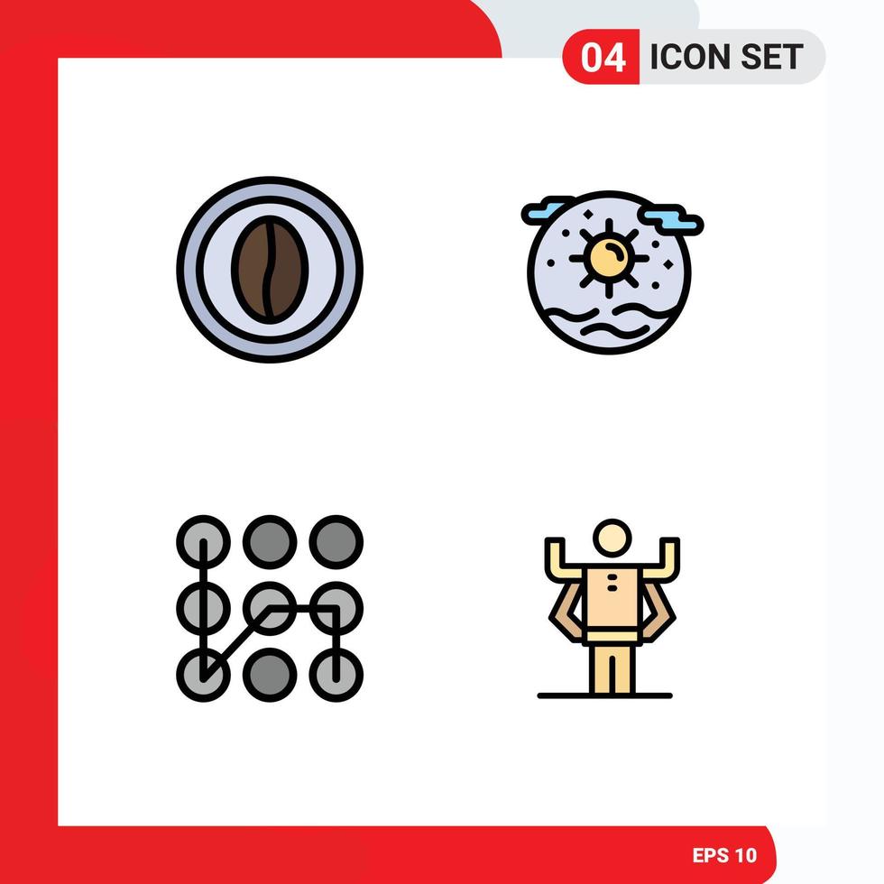 4 Thematic Vector Filledline Flat Colors and Editable Symbols of coffee sun food globe protection Editable Vector Design Elements