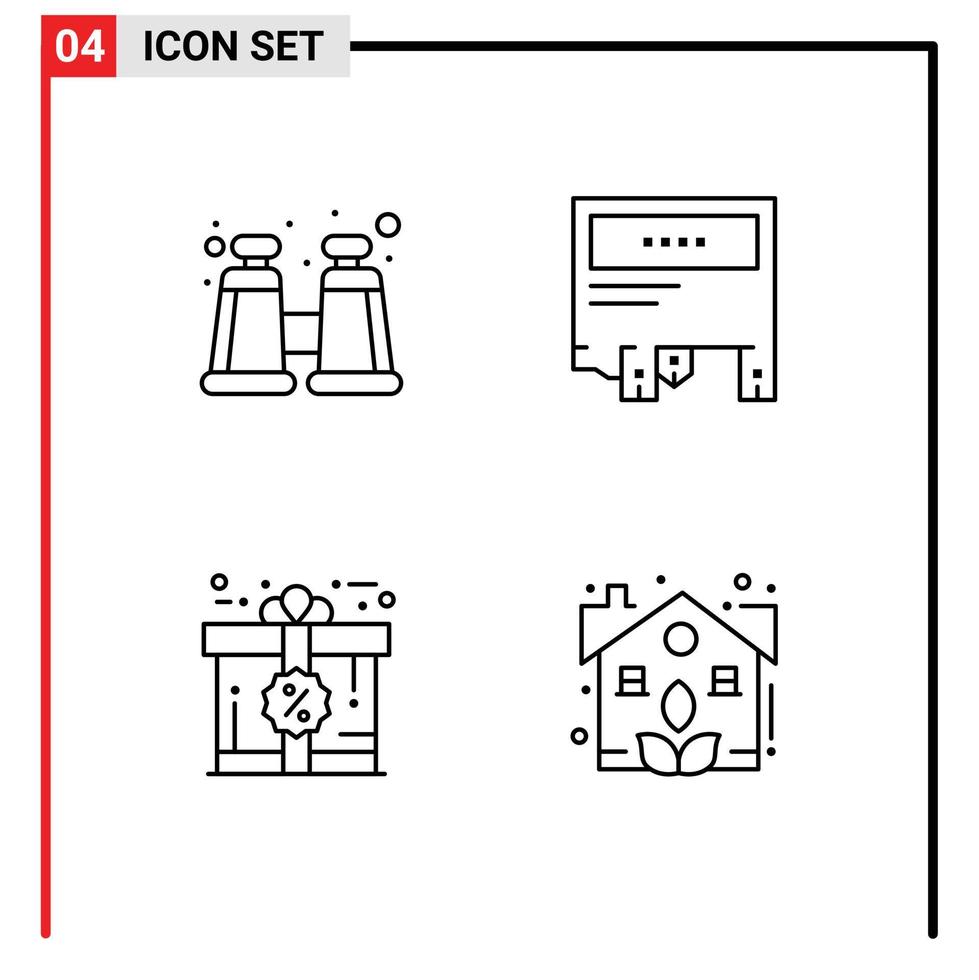 paquete de 4 signos y símbolos de colores planos de línea de llenado modernos para medios de impresión web, como elementos de diseño de vectores editables de regalo de mensaje de anuncio de tarjeta binocular