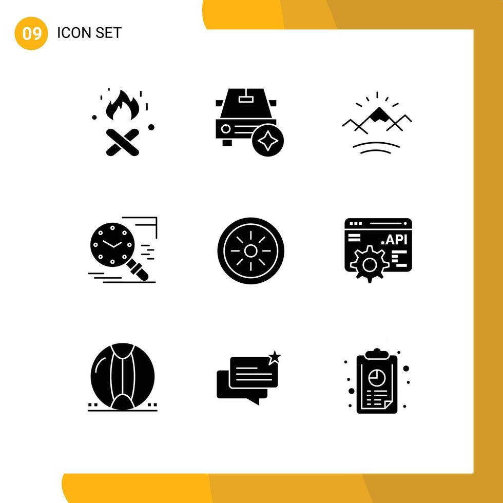 9 Thematic Vector Solid Glyphs and Editable Symbols of fruits schedule river history magnifier Editable Vector Design Elements