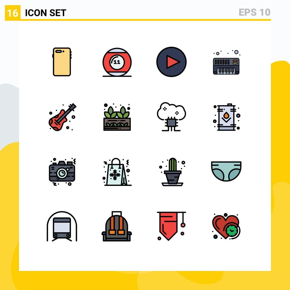 16 Universal Flat Color Filled Lines Set for Web and Mobile Applications music guitar pool synthesizer analog Editable Creative Vector Design Elements