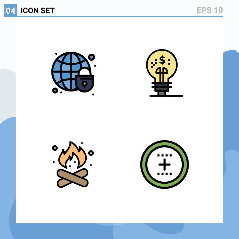 Set of 4 Vector Filledline Flat Colors on Grid for global security camping globe fintech hot Editable Vector Design Elements