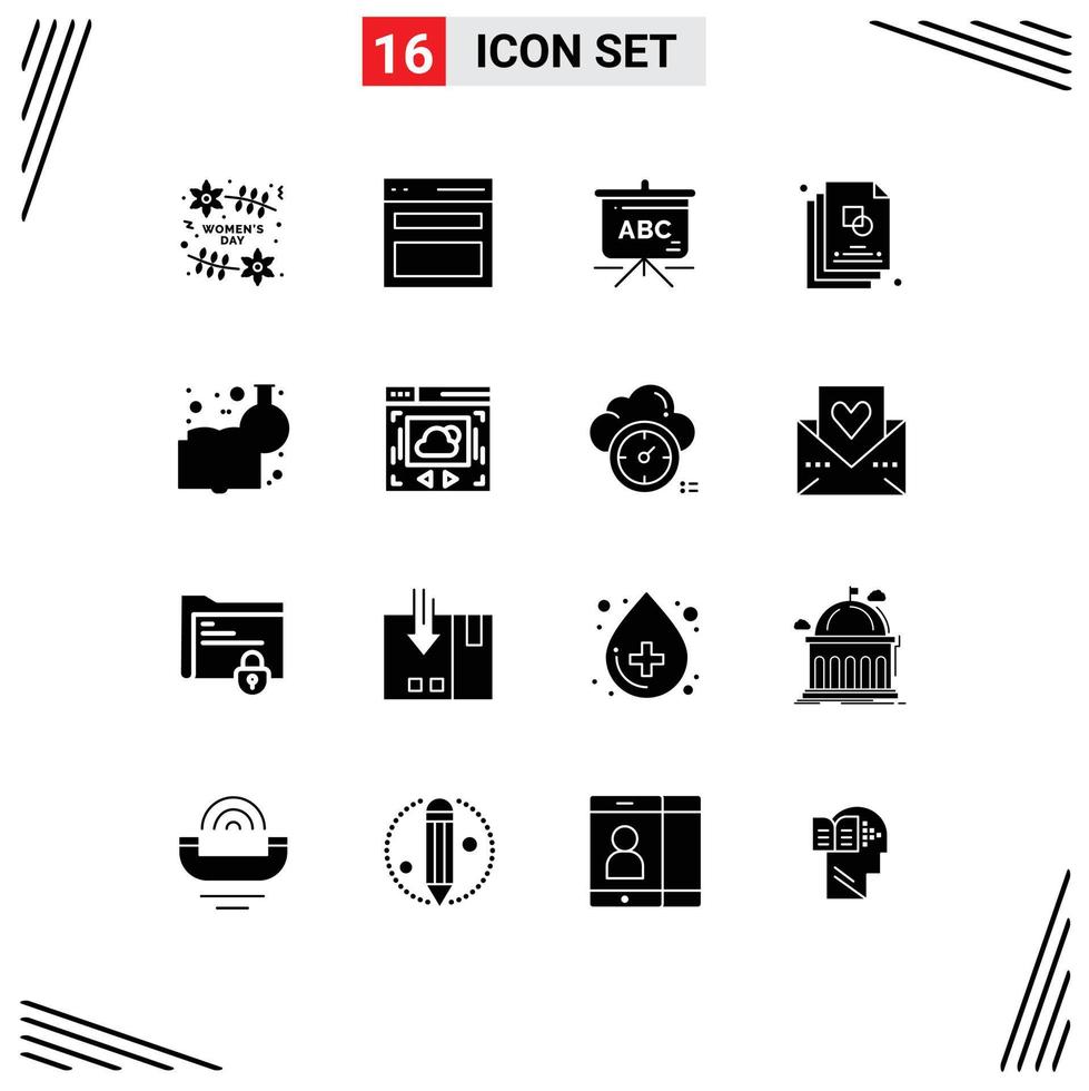 User Interface Pack of 16 Basic Solid Glyphs of chemistry education chemical knowledge bag design creative Editable Vector Design Elements