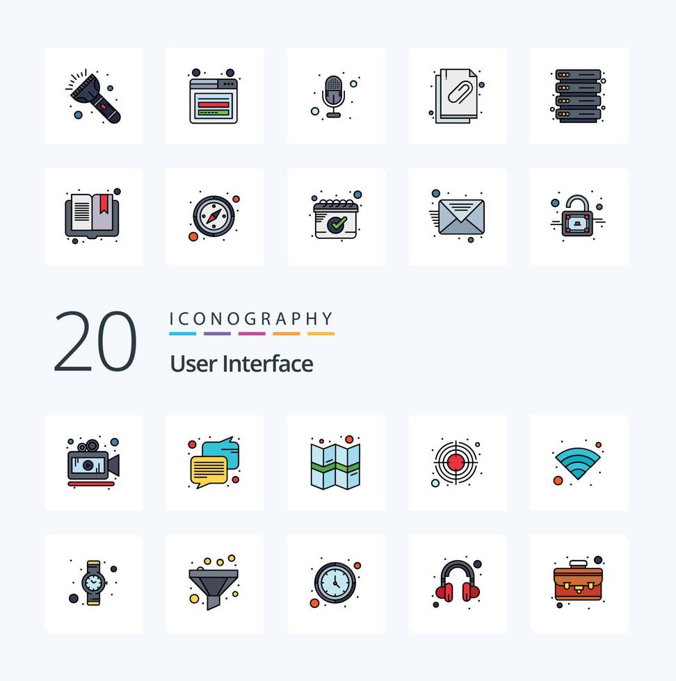20 User Interface Line Filled Color icon Pack like time wireless map wifi target vector