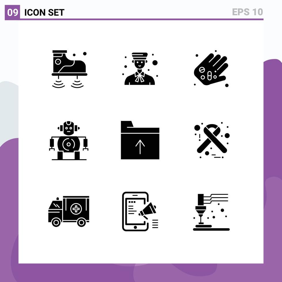 9 Thematic Vector Solid Glyphs and Editable Symbols of folder technology professional robotics pills Editable Vector Design Elements