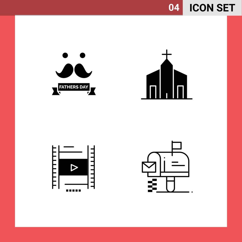 Modern Set of 4 Solid Glyphs Pictograph of celebrate vedio moustache church filam Editable Vector Design Elements